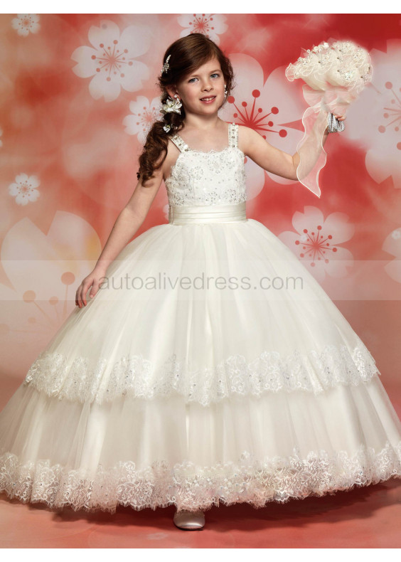 Wide Straps Beaded Lace Tulle Tiered Flower Girl Dress